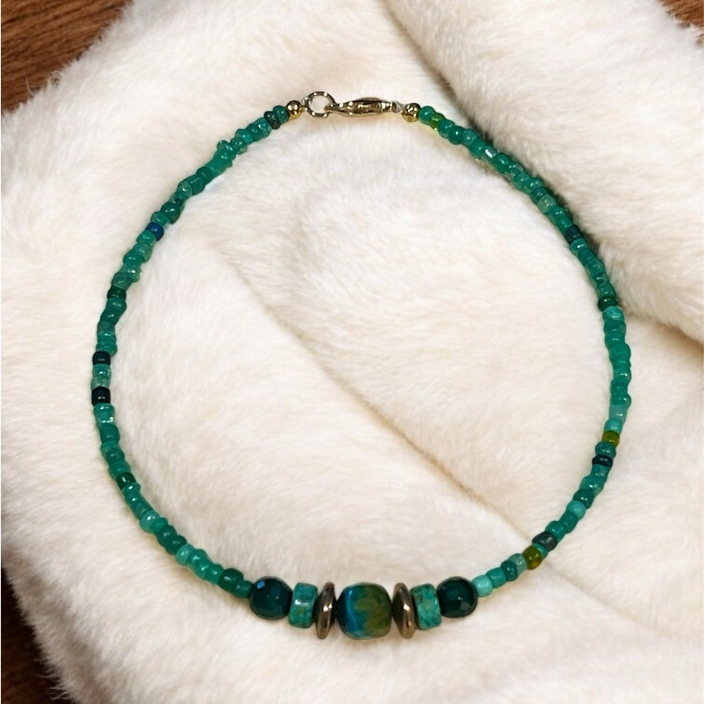 New Gorgeous Green Tiger’s Eye, Jade, African Turquoise & Glass Seed Bead Anklet